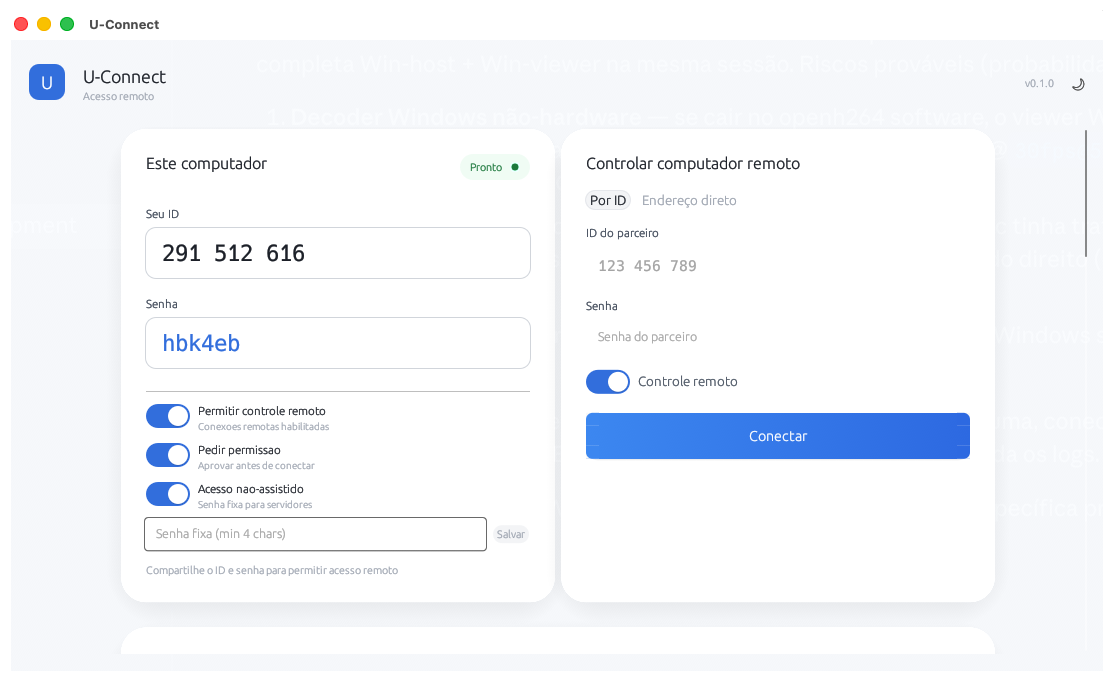 Ultria Connect — tela inicial com ID, senha e formulário de conexão